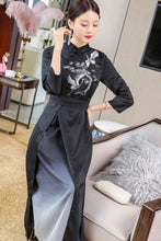 Load image into Gallery viewer, 3/4 Sleeve Crane &amp; Pine Embroidery Silk A-line Aodai Chinese Dress
