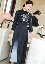 Load image into Gallery viewer, 3/4 Sleeve Crane &amp; Pine Embroidery Silk A-line Aodai Chinese Dress
