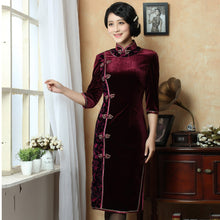 Load image into Gallery viewer, Knee Length Velvet Cheongsam Mother Dress Frog Buttons Front
