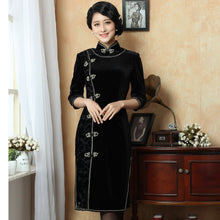 Load image into Gallery viewer, Knee Length Velvet Cheongsam Mother Dress Frog Buttons Front
