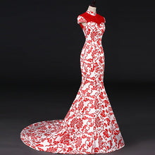 Muatkan imej ke dalam penonton Galeri, Mandarin Collar Cap Sleeve Chinese Style Mermaid Prom Dress with Cathedral Train
