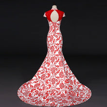 Muatkan imej ke dalam penonton Galeri, Mandarin Collar Cap Sleeve Chinese Style Mermaid Prom Dress with Cathedral Train
