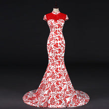 Muatkan imej ke dalam penonton Galeri, Mandarin Collar Cap Sleeve Chinese Style Mermaid Prom Dress with Cathedral Train
