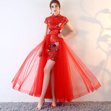 Muatkan imej ke dalam penonton Galeri, Knee Length Brocade Cheongsam Dress with Tull Skirt
