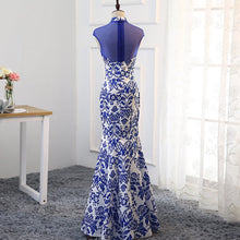 Load image into Gallery viewer, Halter Top Blue &amp; White Porcelain Pattern Chinese Style Evening Dress
