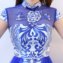 Muatkan imej ke dalam penonton Galeri, Blue &amp; White Porcelain Pattern Knee Length Chinese Style Evening Dress with Tull Skirt
