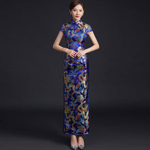 Muatkan imej ke dalam penonton Galeri, Dragon &amp; Phoenix Pattern Full Length Brocade Cheongsam Evening Dress
