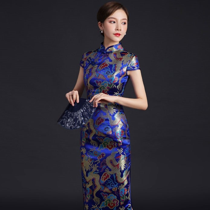 Dragon & Phoenix Pattern Knee Length Brocade Cheongsam Evening Dress