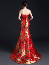 Load image into Gallery viewer, Strapless Dragon Pattern Brocade Chinese Prom Dress Chapel Train
