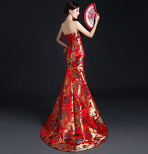 Load image into Gallery viewer, Strapless Dragon Pattern Brocade Chinese Prom Dress Chapel Train
