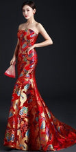 Load image into Gallery viewer, Strapless Dragon Pattern Brocade Chinese Prom Dress Chapel Train
