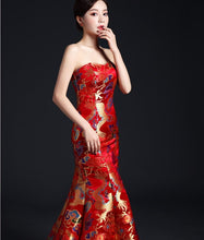 Load image into Gallery viewer, Strapless Dragon Pattern Brocade Chinese Prom Dress Chapel Train
