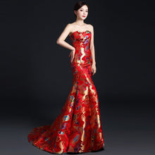 Load image into Gallery viewer, Strapless Dragon Pattern Brocade Chinese Prom Dress Chapel Train
