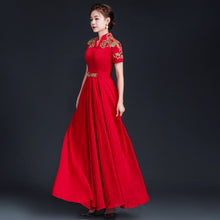 Load image into Gallery viewer, Floral Embroidery Short Sleeve Pleated Skirt Full Length Chinese Prom Dress
