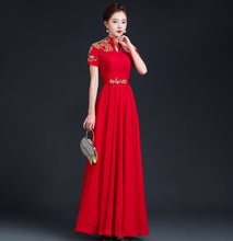 Load image into Gallery viewer, Floral Embroidery Short Sleeve Pleated Skirt Full Length Chinese Prom Dress
