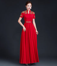 Load image into Gallery viewer, Floral Embroidery Short Sleeve Pleated Skirt Full Length Chinese Prom Dress
