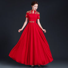 Load image into Gallery viewer, Floral Embroidery Short Sleeve Pleated Skirt Full Length Chinese Prom Dress
