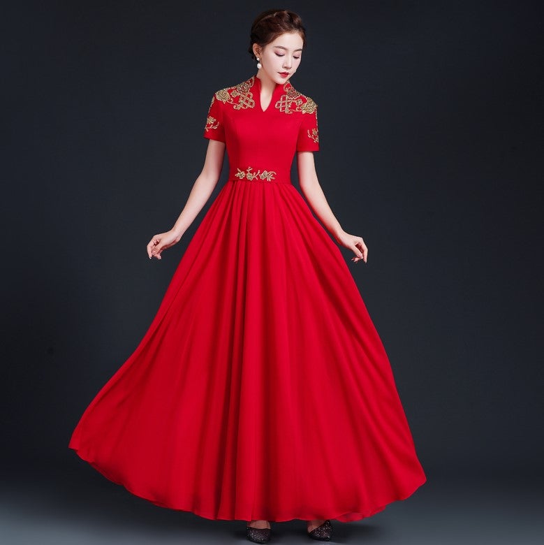 Floral Embroidery Short Sleeve Pleated Skirt Full Length Chinese Prom Dress