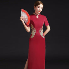 Load image into Gallery viewer, Short Sleeve Floral Appliques Full Length Cheongsam Chinese Prom Dress
