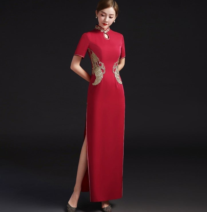 Short Sleeve Floral Appliques Full Length Cheongsam Chinese Prom Dress