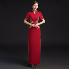 Load image into Gallery viewer, Short Sleeve Floral Appliques Full Length Cheongsam Chinese Prom Dress
