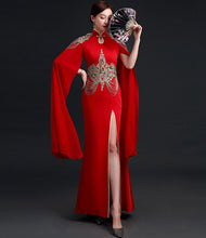 Load image into Gallery viewer, Floral Appliques Mermaid Chinese Prom Dress with Billowing Sleeves
