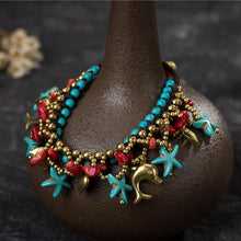 Load image into Gallery viewer, Wax String Turquoise Beads Starfish Pendants Boho Style Bracelet
