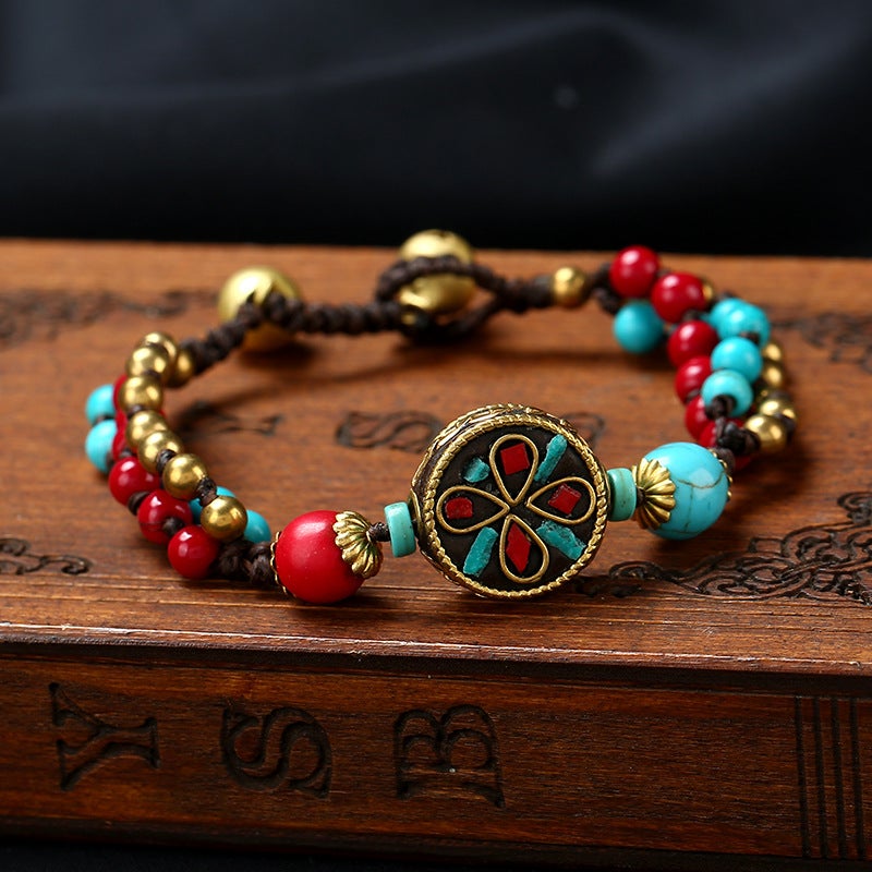 Handmade Turquoise Beads Wax String Nepal Style Bracelet