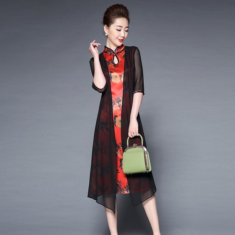 Keyhole Neck Knee Length Floral Cheongsam Mother Dress with Shawl