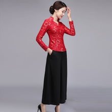 Load image into Gallery viewer, V Neck Lace Cheongsam Top with Long Pantskirt
