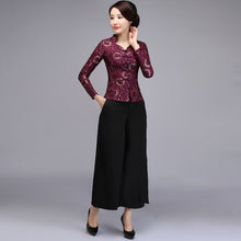 Muatkan imej ke dalam penonton Galeri, V Neck Lace Cheongsam Top with Long Pantskirt
