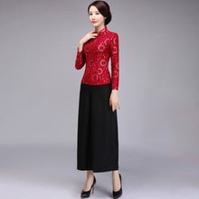 Load image into Gallery viewer, Key Hole Neck Lace Cheongsam Top with Long Pantskirt
