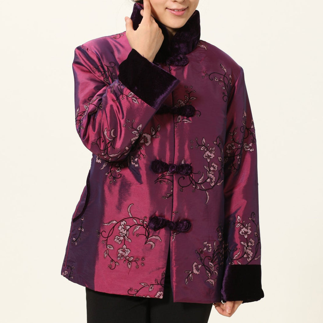 Fur Collar & Cuff Floral Embroidery Taffeta Chinese Wadded Coat