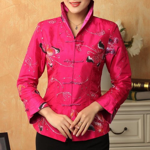 Stand Collar V Neck Brocade Silk Chinese Jacket with Butterfly Sequins