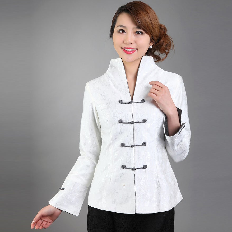 Mandarin Sleeve V Neck Fancy Cotton Chinese Jacket with Strap Buttons