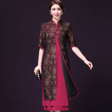 Muatkan imej ke dalam penonton Galeri, Round Neck Dress with Cheongsam Top Coat 2 Piece Suit
