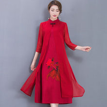 Load image into Gallery viewer, Golden Fish Embroidery Signature Cotton Cheongsam with Chiffon Shawl
