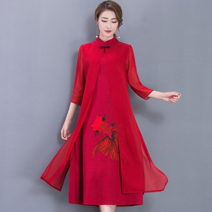 Golden Fish Embroidery Signature Cotton Cheongsam with Chiffon Shawl