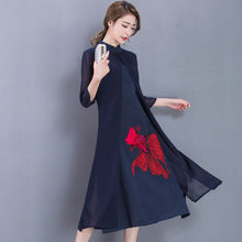 Load image into Gallery viewer, Golden Fish Embroidery Signature Cotton Cheongsam with Chiffon Shawl
