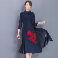 Load image into Gallery viewer, Golden Fish Embroidery Signature Cotton Cheongsam with Chiffon Shawl
