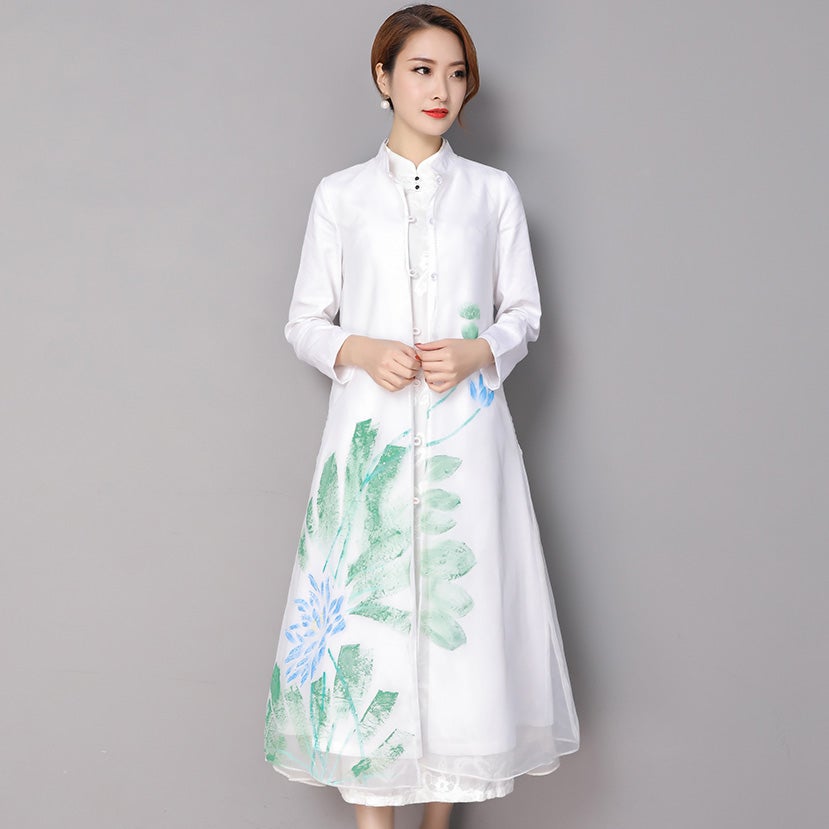 Mandarin Collar Tea Length 2 Piece Suit Open Front Chinese Dress