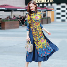 Load image into Gallery viewer, Mandarin Collar 3/4 Sleeve Cheongsam Top Tea Length Ao Dai Dress
