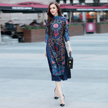 Load image into Gallery viewer, Mandarin Collar 3/4 Sleeve Cheongsam Top Tea Length Ao Dai Dress
