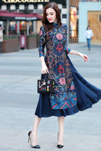 Load image into Gallery viewer, Mandarin Collar 3/4 Sleeve Cheongsam Top Tea Length Ao Dai Dress
