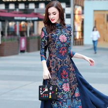 Load image into Gallery viewer, Mandarin Collar 3/4 Sleeve Cheongsam Top Tea Length Ao Dai Dress
