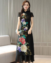 Load image into Gallery viewer, Cap Sleeve Floral Print Full Length Chiffon Ao Dai Dress
