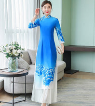 Load image into Gallery viewer, 3/4 Sleeve Floral Print Full Length Chiffon Ao Dai Dress
