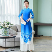 Load image into Gallery viewer, 3/4 Sleeve Floral Print Full Length Chiffon Ao Dai Dress
