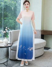 Muatkan imej ke dalam penonton Galeri, Short Sleeve Full Length Floral Print Chiffon Ao Dai Dress
