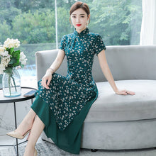 Load image into Gallery viewer, Mandarin Collar Cap Sleeve Tea Length Floral Chiffon Ao Dai Dress
